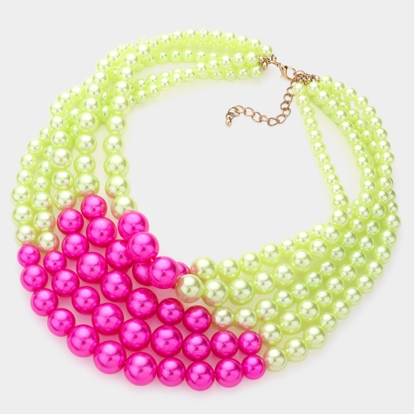 Multi Layered Pink Green Pearl Necklace Set Two Tone Earrings Statement Jewelry - Picture 3 of 4